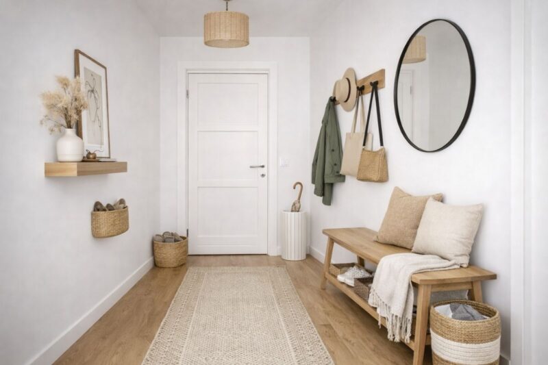 Hodnik sa klupom ogledalom i diskretnom dekoracijom u neutralnim tonovima