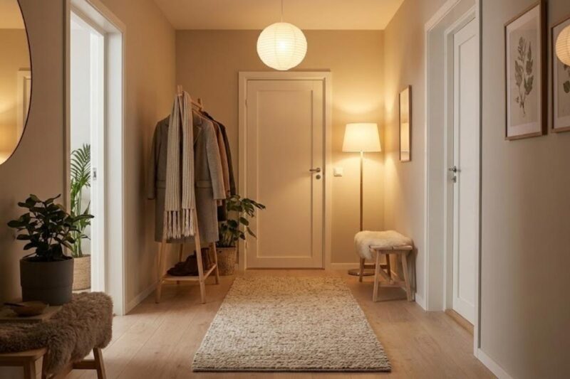 Topao i svetao hodnik sa prirodnim materijalima i mekom rasvetom