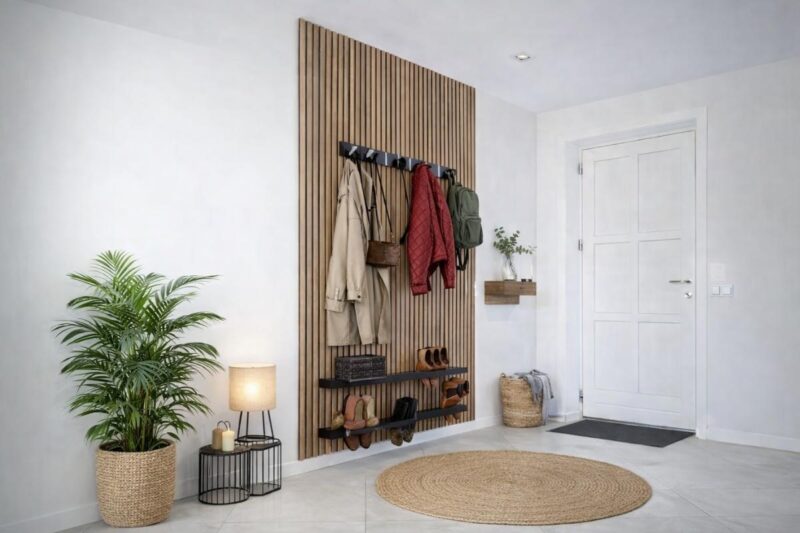 Svetao hodnik sa vertikalnim zidnim panelom i organizovanim odlaganjem