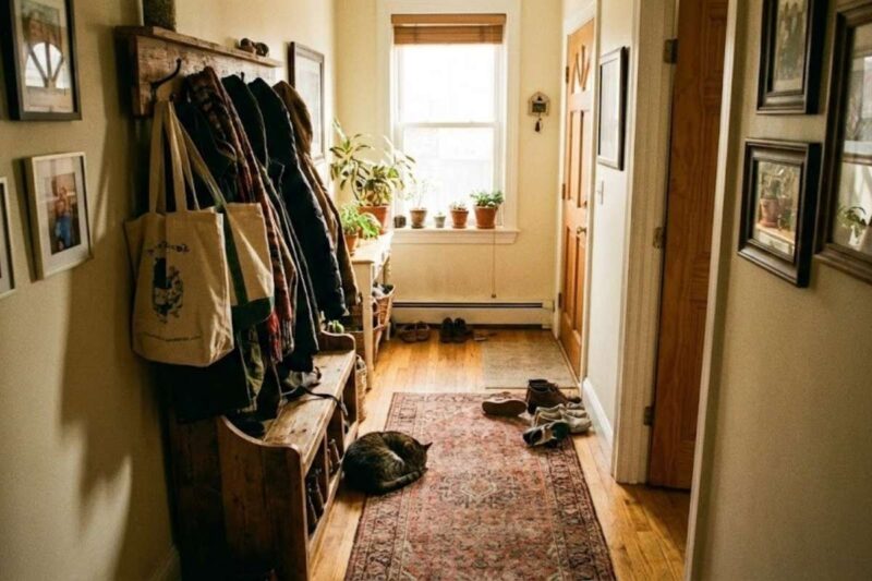 Topao porodični hodnik sa drvenim nameštajem i dekoracijom