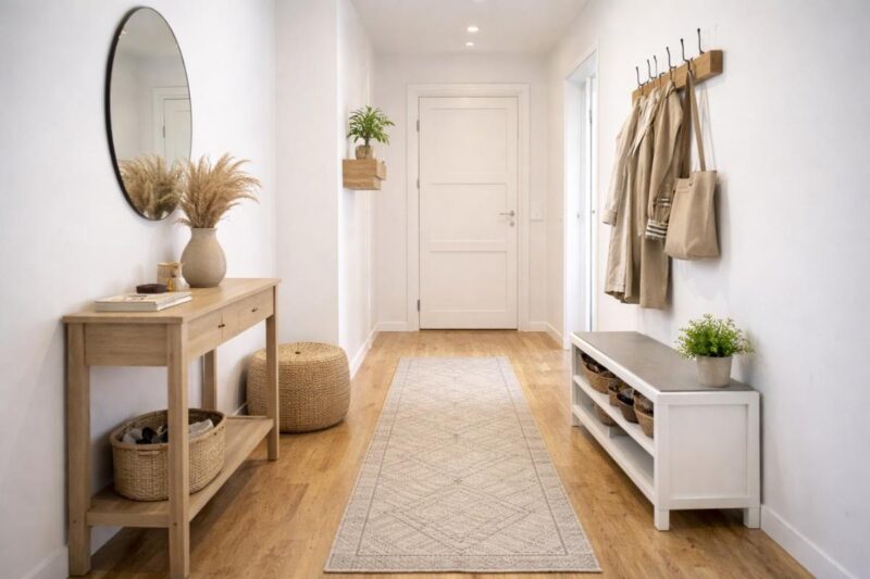 Svetao i uredan hodnik sa klupom policama i neutralnim tonovima